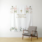 Roze bloemen tweeling meisjes 1e verjaardag doopfe wandkleed (In situ)