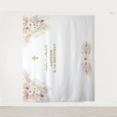 Roze bloemen tweeling meisjes 1e verjaardag doopfe wandkleed (Voorkant)