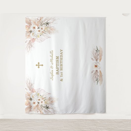 Roze bloemen tweeling meisjes 1e verjaardag doopfe wandkleed (Voorkant)