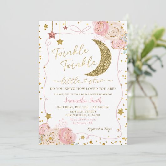 Roze Bloemen Twinkle Twinkle Handgetrokken Baby sh Kaart (Staand voorkant)