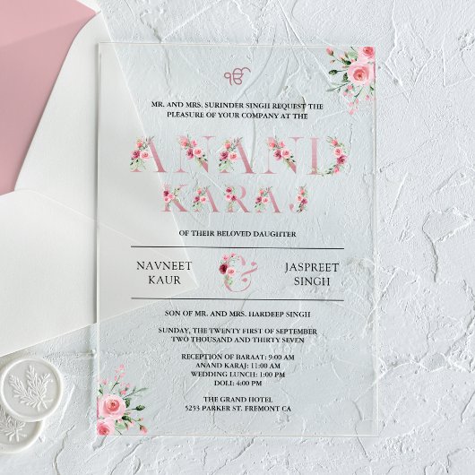 Roze Bloemen Typografie Anand Karaj Sikh Bruiloft Acryl Uitnodigingen