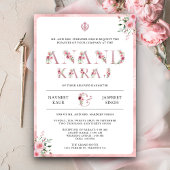 Roze Bloemen Typografie Anand Karaj Sikh Bruiloft Kaart