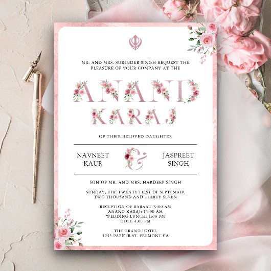 Roze Bloemen Typografie Anand Karaj Sikh Bruiloft Kaart