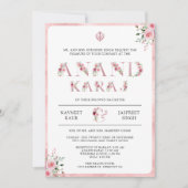 Roze Bloemen Typografie Anand Karaj Sikh Bruiloft Kaart (Voorkant)