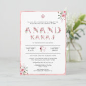 Roze Bloemen Typografie Anand Karaj Sikh Bruiloft Kaart (Staand voorkant)