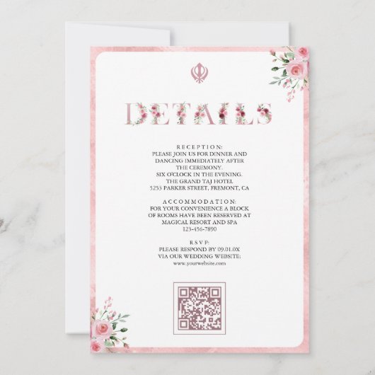 Roze Bloemen Typografie Anand Karaj Sikh Bruiloft Kaart (Achterkant)