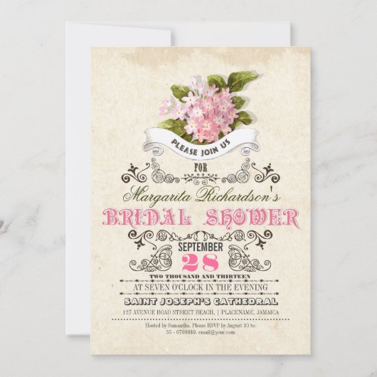 Roze Bloemen & Typografie Bruids Douche Uitnodigin Kaart (Voorkant)