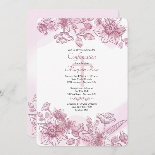 Roze bloemen Uitnodiging (Voorkant / Achterkant)