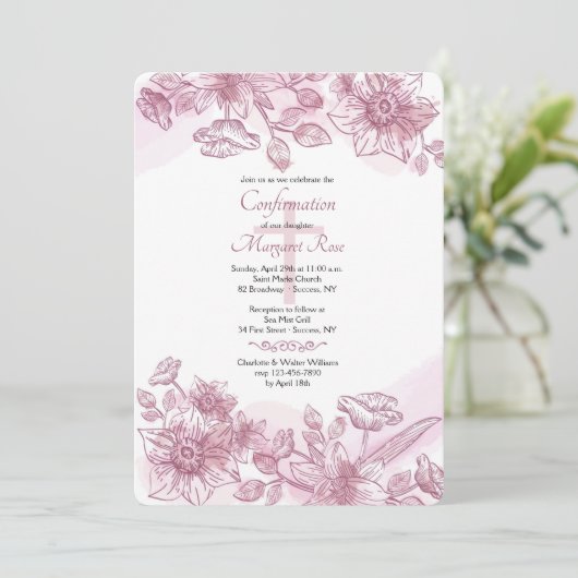 Roze bloemen Uitnodiging (Staand voorkant)