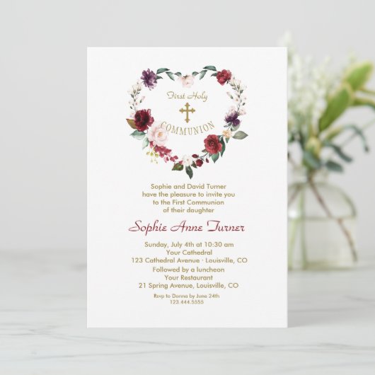 Roze Bloemen van Bourgondië Goud Eerste Heilige Co Kaart (Staand voorkant)