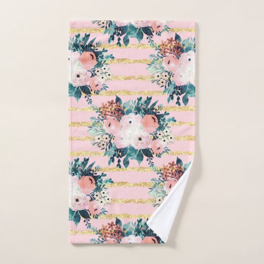 Roze bloemen Verf Gold Stripes Girly Design Bad Handdoek (Handdoek)