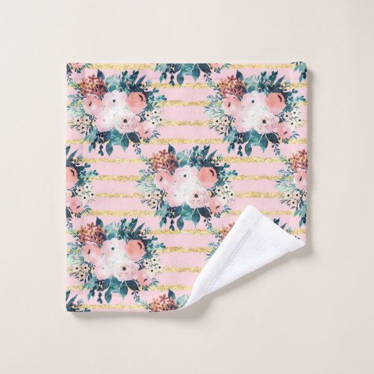 Roze bloemen Verf Gold Stripes Girly Design Bad Handdoek (Wasdoekje)