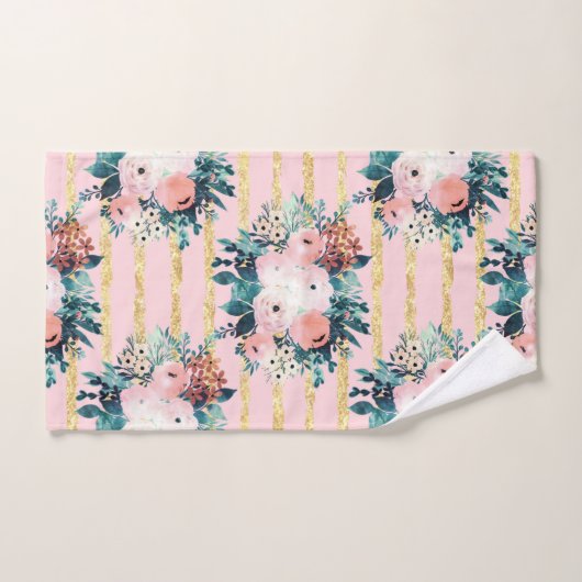 Roze bloemen Verf Gold Stripes Girly Design Bad Handdoek (Handdoek)