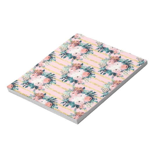 Roze bloemen Verf Gold Stripes Girly Design Notitieblok (Linkerzijde)