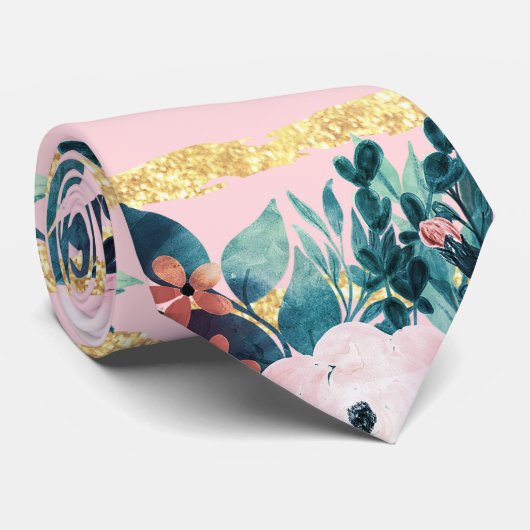 Roze bloemen Verf Gold Stripes Girly Design Stropdas (Opgerold)