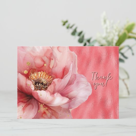 Roze Bloemen Vergroot op Glanzend Roze Dank u Bedankkaart (Staand voorkant)