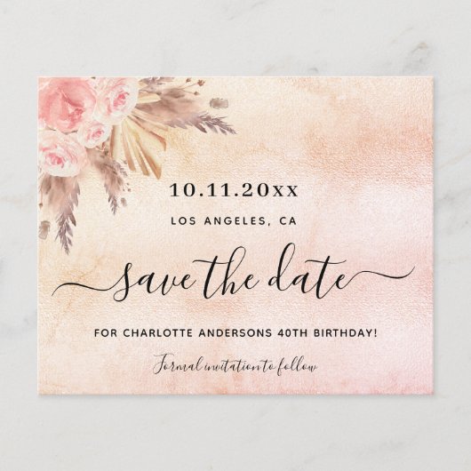 Roze bloemen verjaardag budget save the date flyer (Voorkant)