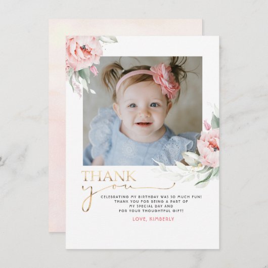 Roze Bloemen Verjaardag Dank u Foto Briefkaart (Voorkant / Achterkant)