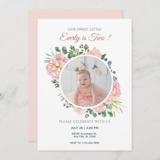 Roze bloemen verjaardag foto kaart (Voorkant / Achterkant)