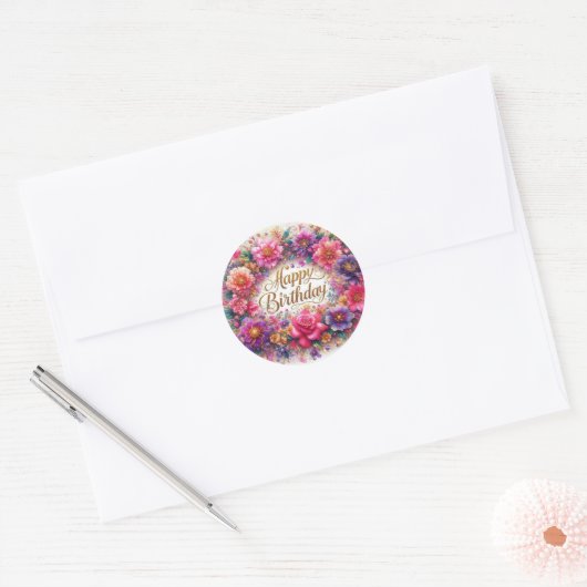 Roze Bloemen Verjaardag sticker (Envelop)