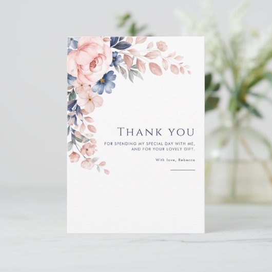 Roze Bloemen Verjaardag Waterverf Bedankkaart (Staand voorkant)