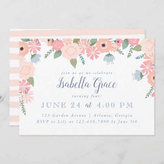 Roze Bloemen Verjaardagsfeest Kaart (Voorkant / Achterkant)