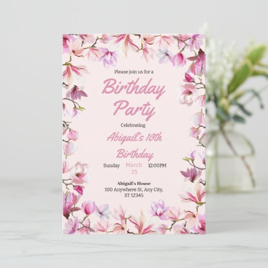 Roze Bloemen  Verjaardagsfeestuitnodiging Kaart (Staand voorkant)