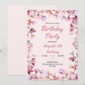 Roze Bloemen  Verjaardagsfeestuitnodiging Kaart (Voorkant / Achterkant)