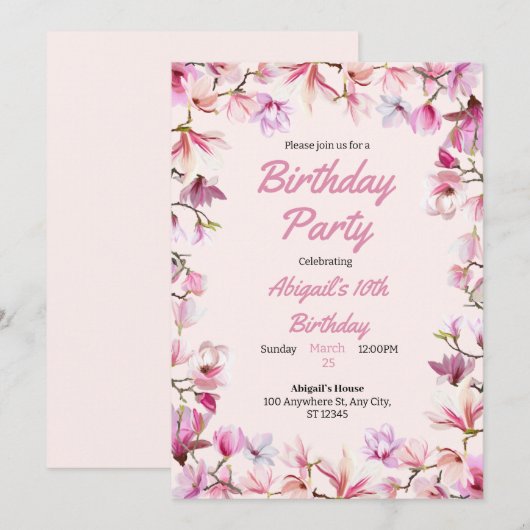 Roze Bloemen  Verjaardagsfeestuitnodiging Kaart (Voorkant / Achterkant)