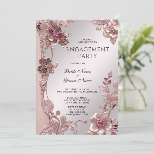 Roze Bloemen Verloving Uitnodiging (Staand voorkant)