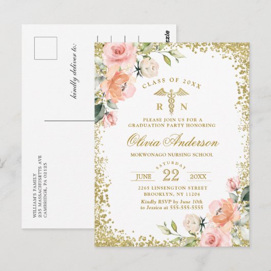 Roze Bloemen Verpleegkunde School Afstuderen Uitno Briefkaart (Voorkant / Achterkant)