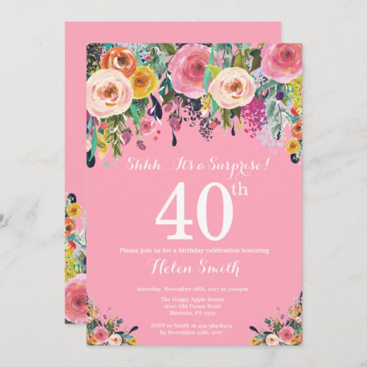 Roze Bloemen Verrassing 40e verjaardag Uitnodiging (Voorkant / Achterkant)