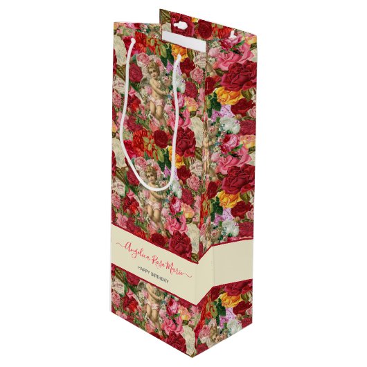  Roze Bloemen Victoriaans Cherubs Wijn Cadeautas (Voorkant Gekanteld)