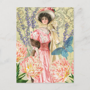 Roze Bloemen Victoriaans Vrouw Regency Briefkaart