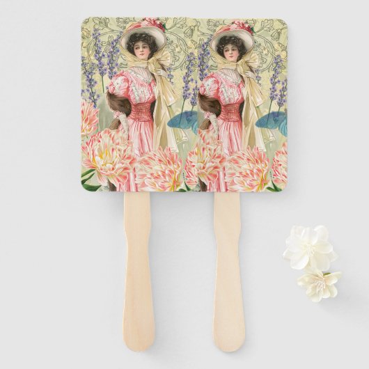 Roze Bloemen Victoriaans Vrouw Regency Handwaaier (Voorkant en achterkant)