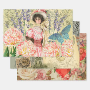 Roze Bloemen Victoriaans Vrouw Regency Inpakpapier Vel