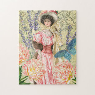 Roze Bloemen Victoriaans Vrouw Regency Legpuzzel