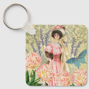 Roze Bloemen Victoriaans Vrouw Regency Sleutelhanger