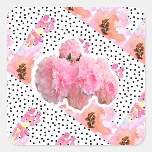 Roze bloemen vierkante sticker (Voorkant)