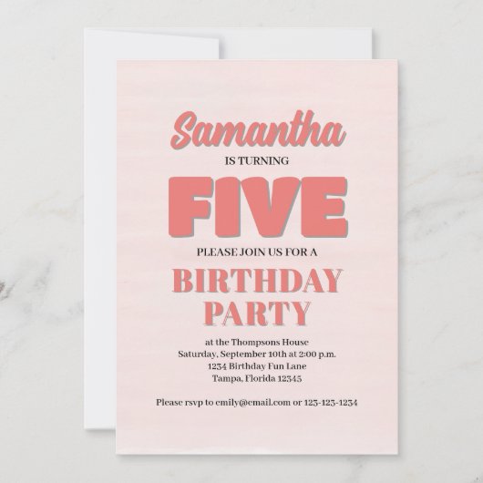 Roze Bloemen Vijfde Verjaardag Meisje Party Sjablo Kaart (Voorkant)