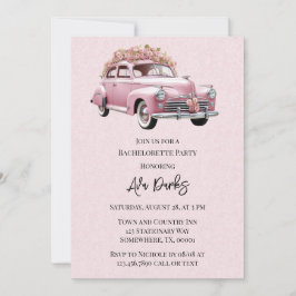 Roze Bloemen Vintage Auto Bachelorette Party Kaart