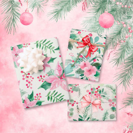 Roze Bloemen Vintage Kerstmis Inpakpapier Vel