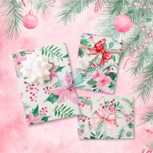 Roze Bloemen Vintage Kerstmis Inpakpapier Vel