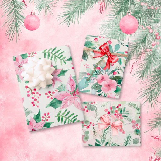 Roze Bloemen Vintage Kerstmis Inpakpapier Vel