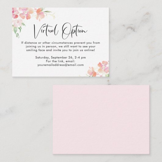 Roze Bloemen Virtual Option Baby shower Party Encl Informatiekaartje (Voorkant / Achterkant)