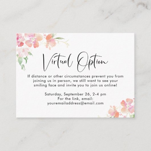 Roze Bloemen Virtual Option Baby shower Party Encl Informatiekaartje (Voorkant)