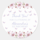 Roze Bloemen Vlinder 1e Verjaardag Dank u Ronde Sticker (Voorkant)