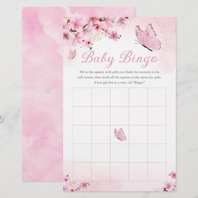 Roze Bloemen Vlinder Baby shower Bingo spel (Voorkant / Achterkant)