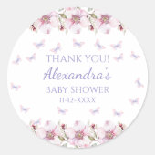 Roze Bloemen Vlinder Baby shower Dank u Ronde Sticker (Voorkant)