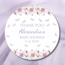 Roze Bloemen Vlinder Baby shower Dank u Ronde Sticker